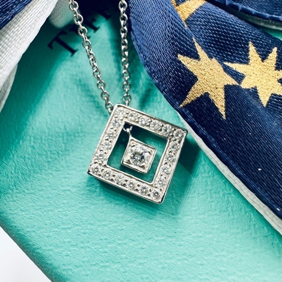 RARE Tiffany & Co. .26 TCW Diamond Open Square Necklace in Platinum w Packaging - Picture 3 of 11